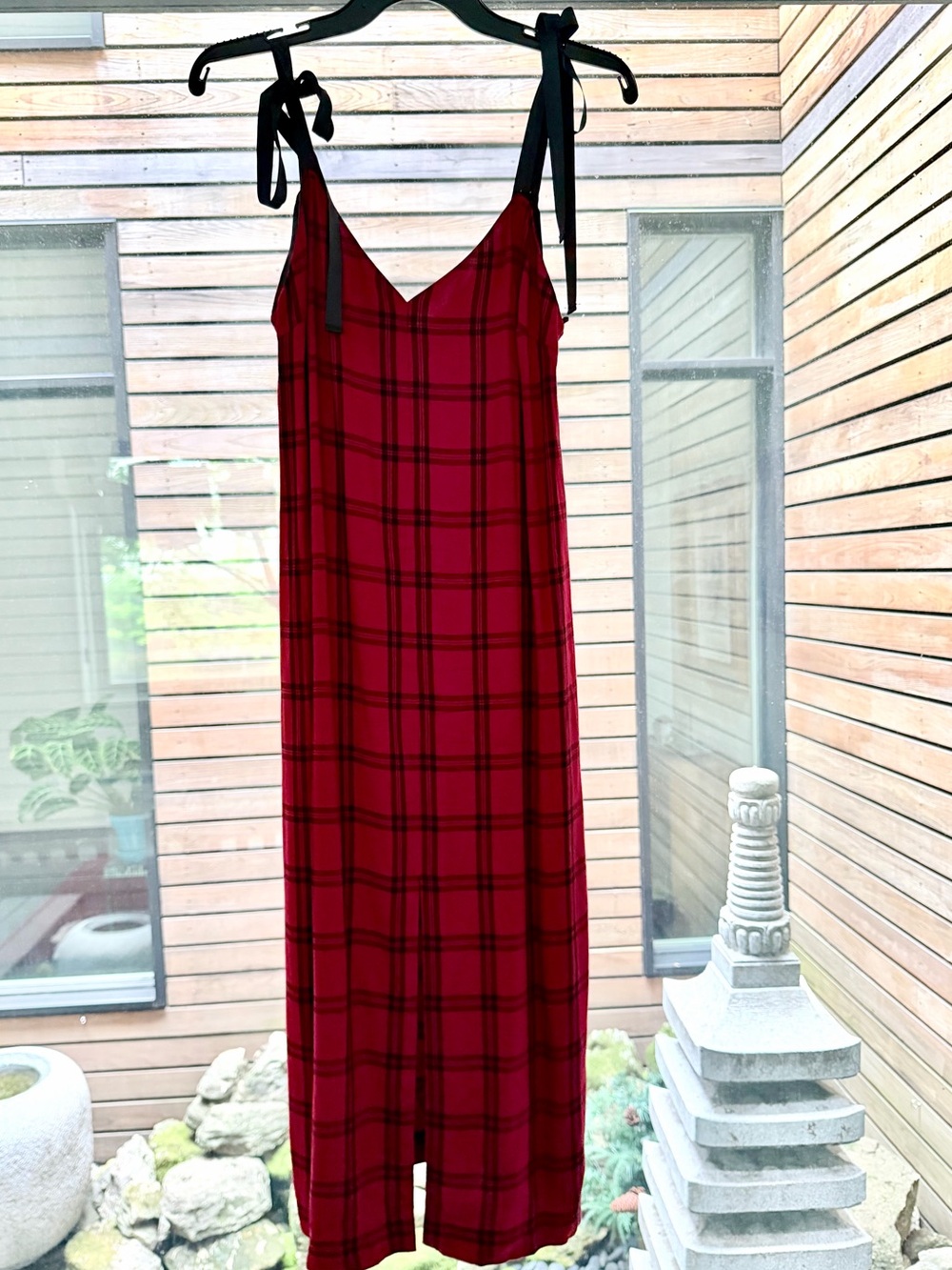 Zara Red Plaid Maxi Dress with Black Tie Straps